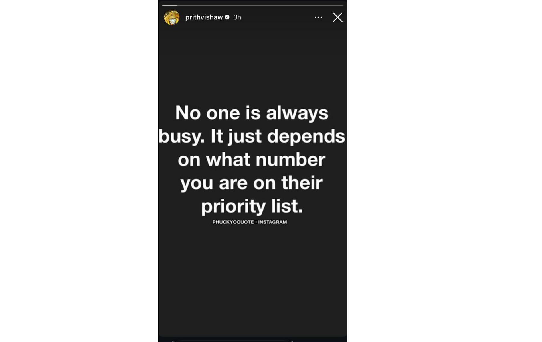 Screenshot of Prithvi Shaw's Instagram story.